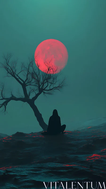 Silhouetted figure observes large red moon over barren ground