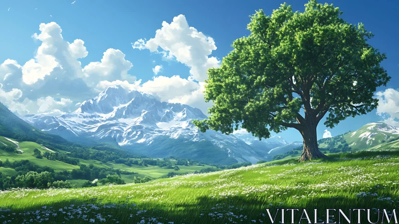 Solitary summer oak converses softly with the distant peaks