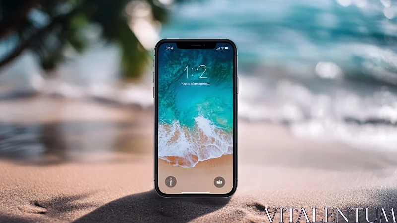 iPhone displaying coastal beach lock screen with ocean waves