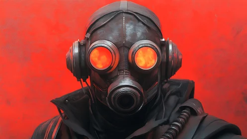 Figure in industrial gas mask against uniform red backdrop.