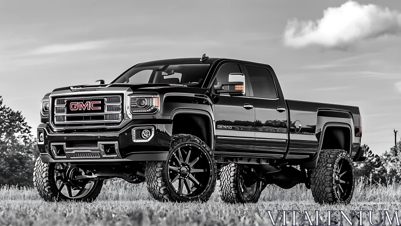 Lifted GMC Denali pickup truck rendered in high-contrast grayscale