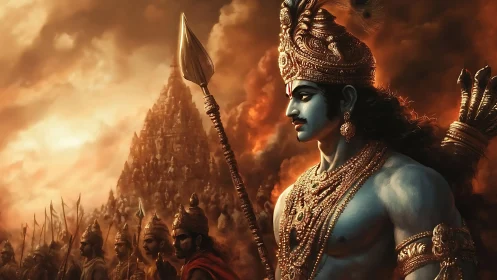 Stormlit warrior deity leading a golden-crowned army forward.