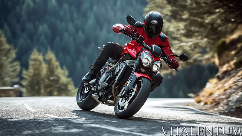 Sport motorcycle leans aggressively through tight mountain bend