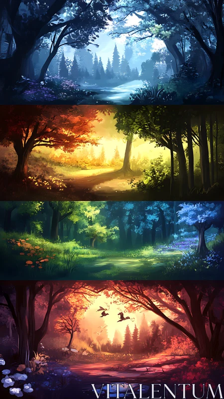 Four enchanted forest paths glow softly through the seasons