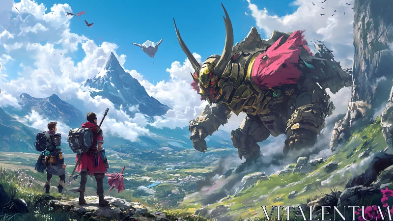 Mountain explorers confront colossal mecha beast in valley.