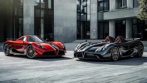 Dual hypercar roadsters in architectural courtyard daylight