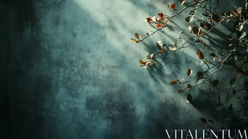 Sunlit Branches Casting Shadows on Textured Blue Wall, Minimalist Style.