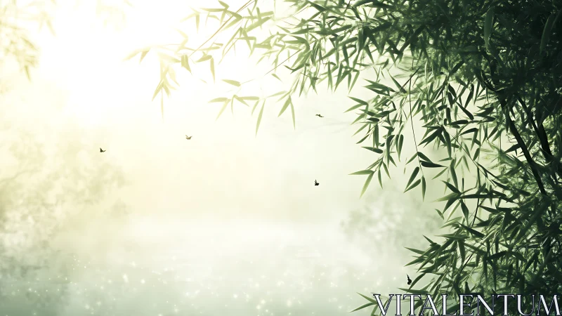 Soft morning light through bamboo over misty water scene.
