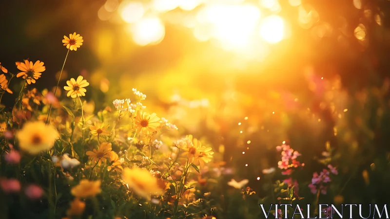Wildflower meadow in warm golden sunset light glow.