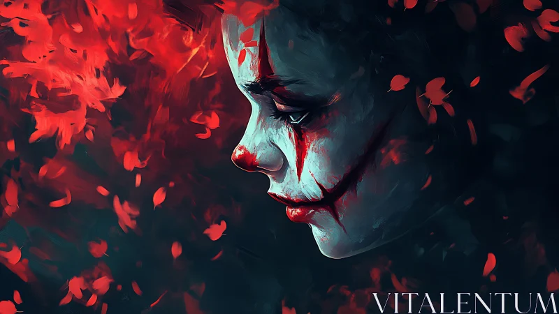 Side-lit clown portrait isolates sorrowful expression within red haze