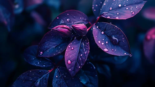 Close-up leaves with water droplets under neon-toned light