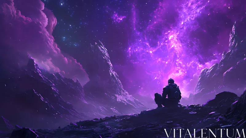 Stargazer resting beneath a glowing violet cosmos.
