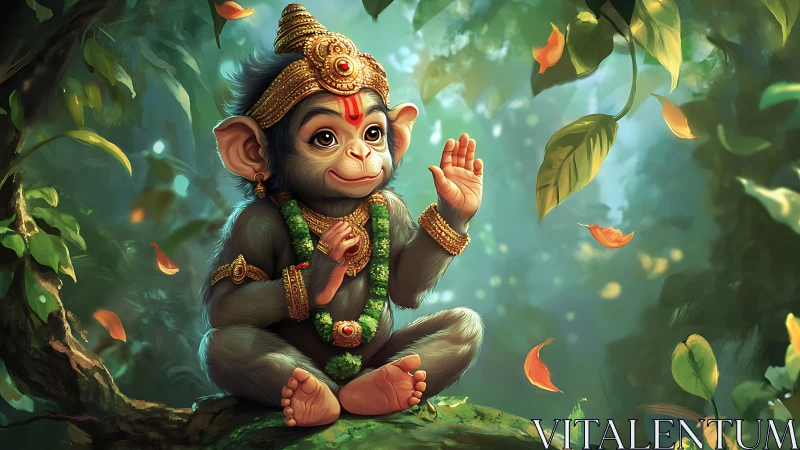 Cute baby monkey deity with ornaments in forest setting.