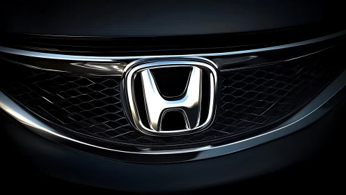 Chrome car emblem dominates glossy black grille closeup view