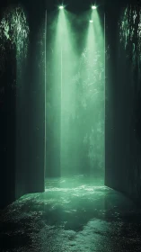 Green spotlights illuminate wet reflective corridor floor