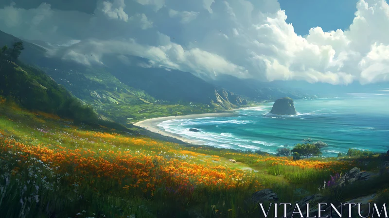 Golden Bloom Coastline: Where Flowers Defy Cliffs.