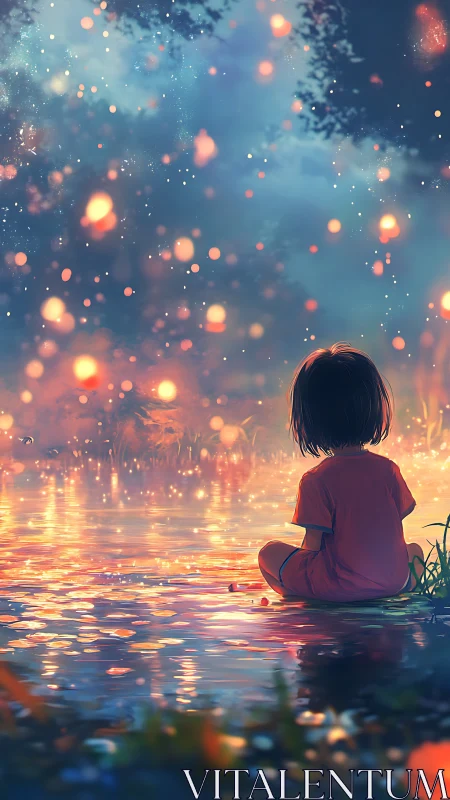 Child watches glowing fireflies over reflective twilight lake