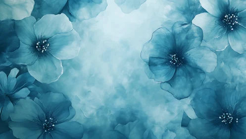 Turquoise flowers with dark centers arranged on soft blue background.