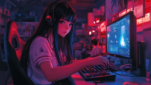 Midnight gamer girl glows in neon light at her PC desk