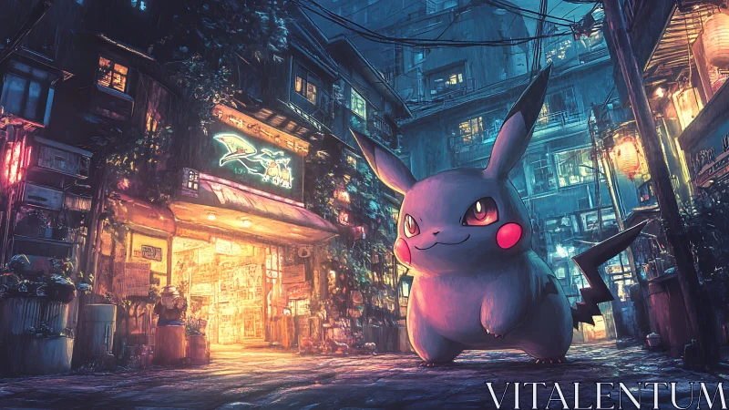 Neon alley shimmers while a colossal Pikachu claims midnight