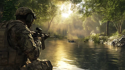 Soldier observes river vehicle in dense forest under sunlight