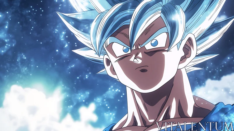 Celestial blue-haired warrior under luminous starfield sky.