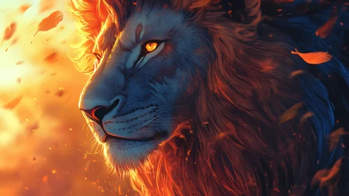 Fiery digital lion portrait with glowing amber eye.
