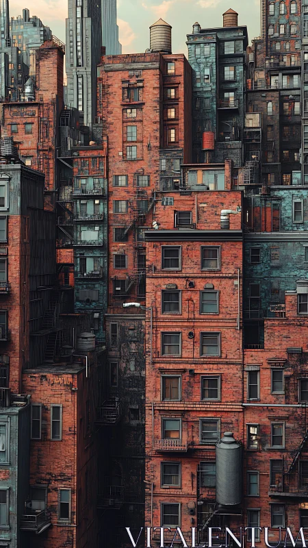 Dense brick apartment blocks with urban rooftop details.