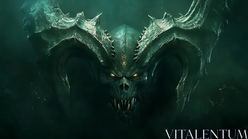 Horned skeletal demon head in dark green misted void.