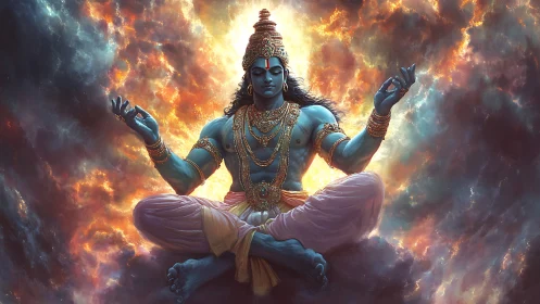 Blue-skinned seated figure levitates against luminous clouds