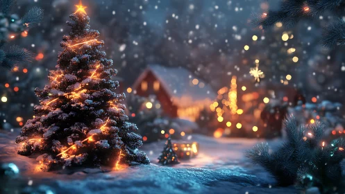 Illuminated Christmas tree in snowy cottage landscape at dusk