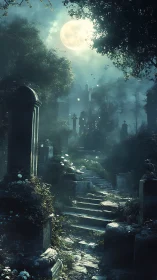 Moonlit stone cemetery path glows through dense night fog