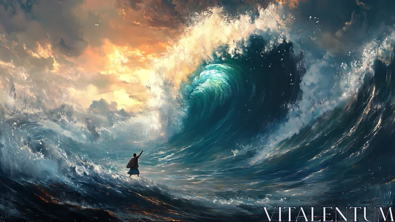 Monumental tidal wave curls over solitary figure in epic seascape