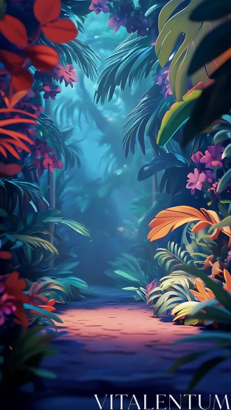 Luminous jungle corridor in stylized 3D botanical composition.