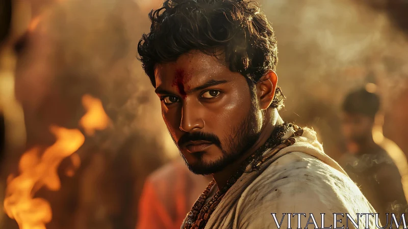 Warrior gaze burns through golden firelit smoke.