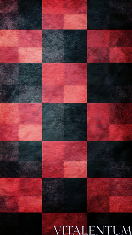 Grid of textured red and black squares forms abstract digital field