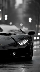 Black sports car front view on wet city street at night.
