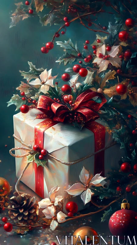 Digital painting of Christmas gift still life with holly wreath.