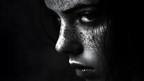 Freckled face emerges from shadow in stark monochrome study.