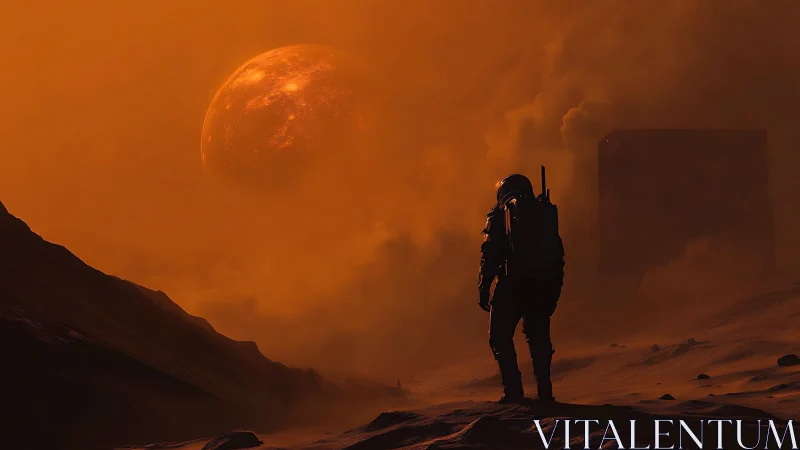 Lone astronaut confronts alien cube beneath burning orange sky.