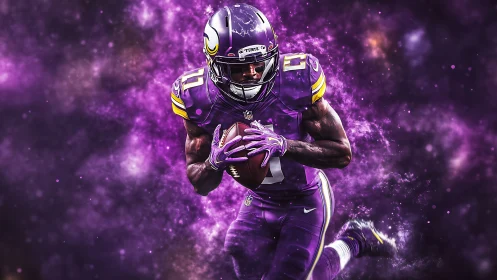 Gridiron player in purple uniform amid abstract nebula field.