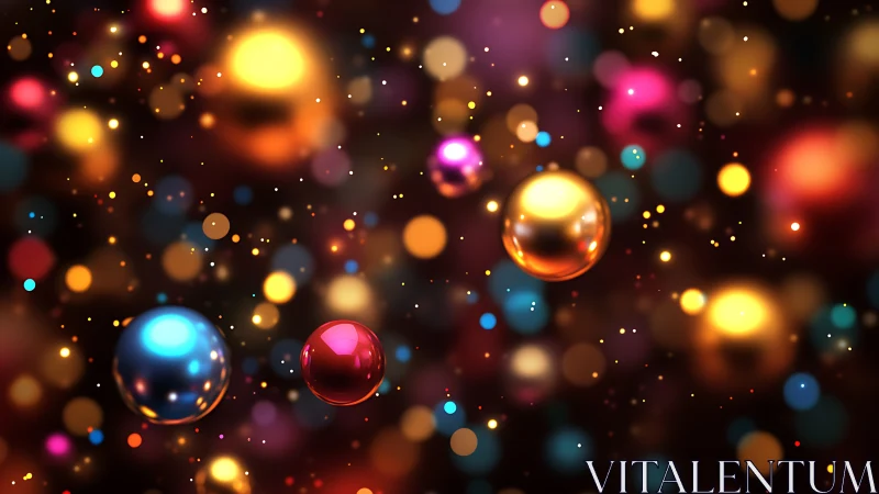 Colored reflective spheres float within a defocused particle field