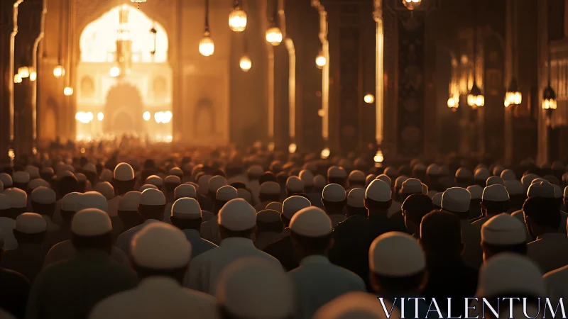 Evening prayer crowd inside grand mosque under warm lights.