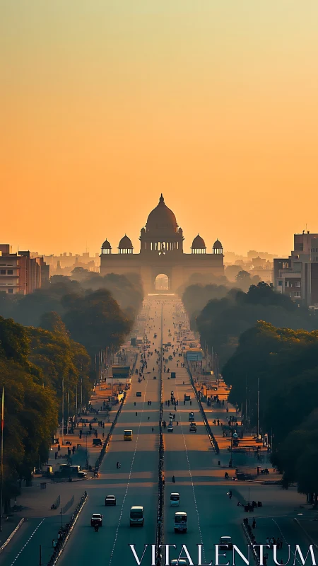 Sunlit boulevard leading to domed monumental gateway at dusk.