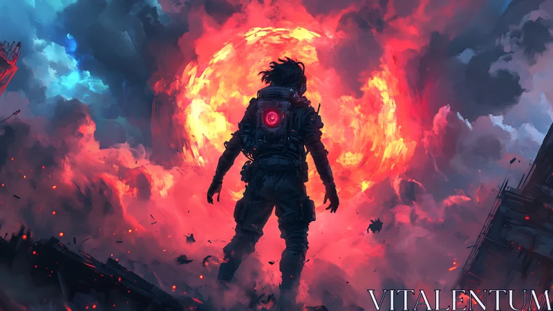 Backlit exosuited figure before turbulent apocalyptic vortex.