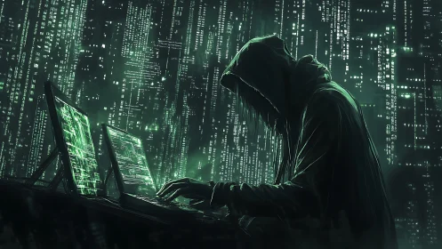 Mysterious hooded coder works quietly in a neon data storm