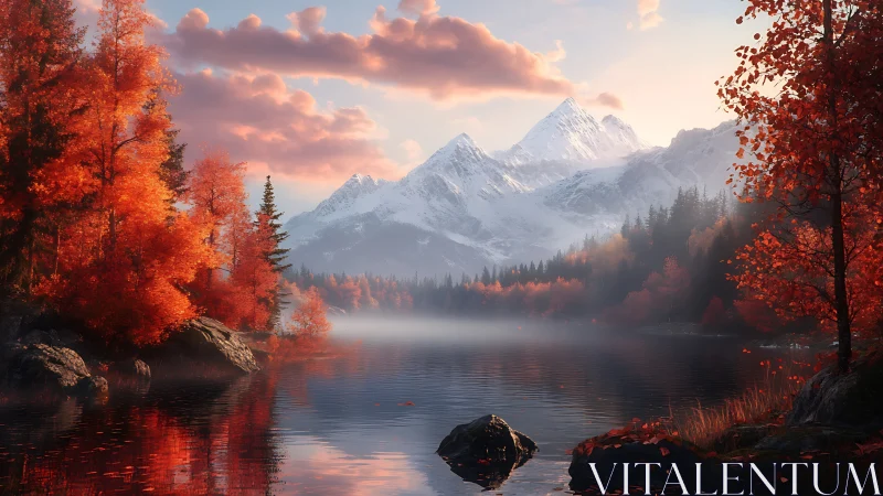 Autumn lake reflection below snowcapped mountain peaks at dawn.