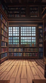 Sunlit library alcove opens onto a tranquil garden view.