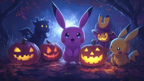 Purple electric creature with jack-o-lanterns at night.