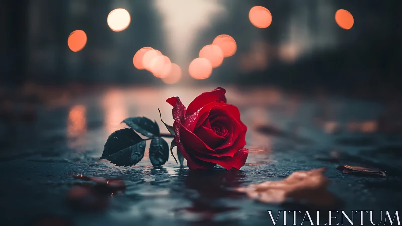 Cinematic macro of fallen red rose on rain-slick street surface.